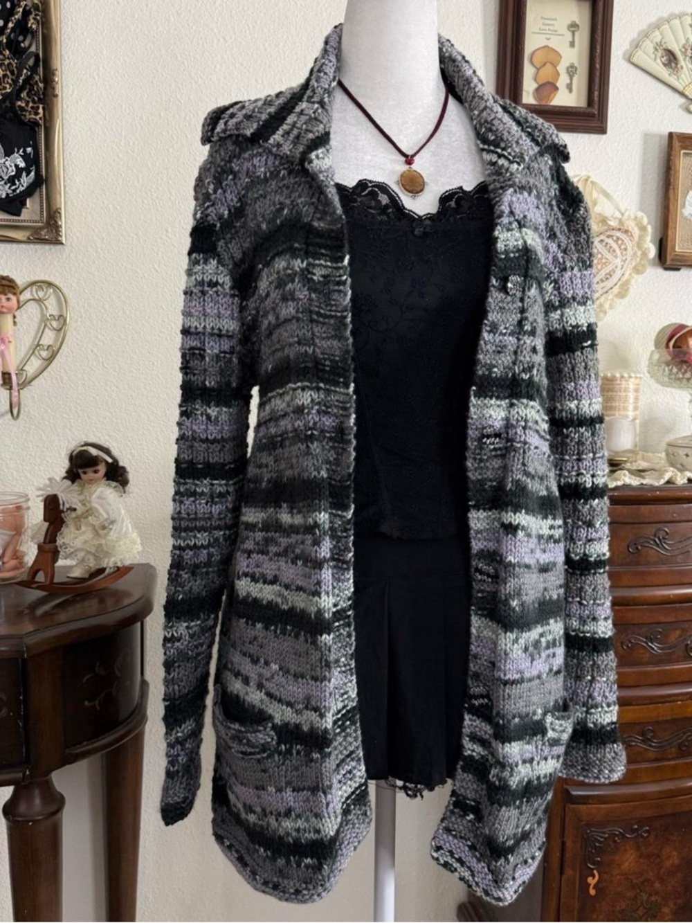 vintage quirky whimsical twee cozy striped knit cardigan w pockets - Picture 3 of 4